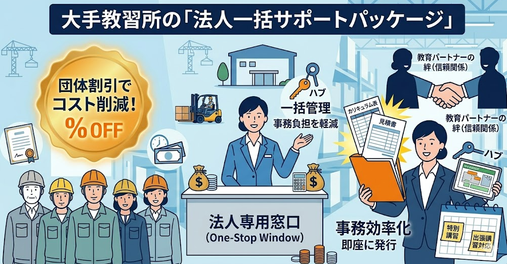 法人向けのフォークリフト助成金ガイドとして、コマツ教習所の法人向けプラン、団体割引と助成金申請の一括サポートを理解して成功したフォークリフト利用企業