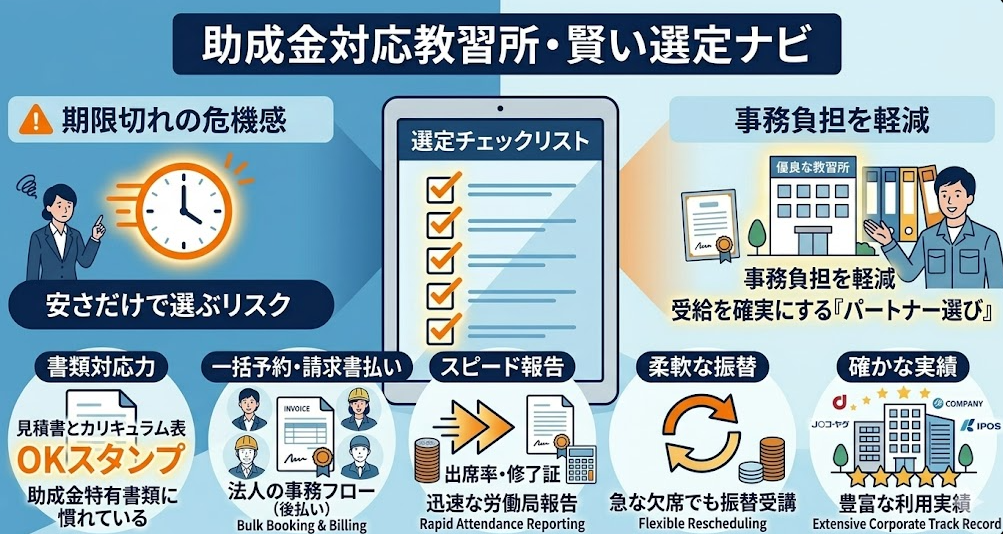 法人向けのフォークリフト助成金ガイドとして、助成金対応教習所の選び方｜申請サポートの有無・実績・対応地域・講師の質を理解して成功したフォークリフト利用企業