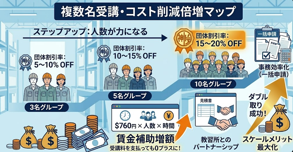 法人向けのフォークリフト助成金ガイドとして、複数名受講で割引+助成金ダブル取り、法人が3名・5名・10名を効率よく取得させるコツを理解して成功したフォークリフト利用企業