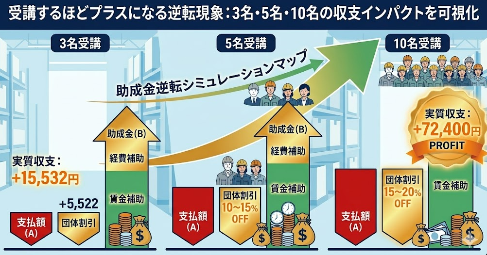 法人向けのフォークリフト助成金ガイドとして、具体シミュレーション（3名・5名・10名）のケース別試算表、受講料×助成金×割引の総額を理解して成功したフォークリフト利用企業