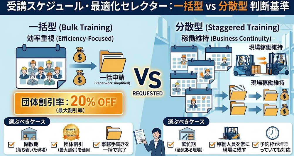 法人向けのフォークリフト助成金ガイドとして、従業員のスケジュール調整方法、全員同じ日程 vs 分散型の選択基準を理解して成功したフォークリフト利用企業