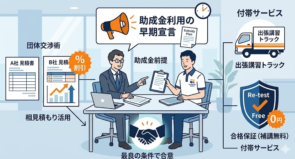 法人向けのフォークリフト助成金ガイドとして、法人が教習所と団体交渉する際のポイント、見積書の取得と価格交渉術を理解して成功したフォークリフト利用企業