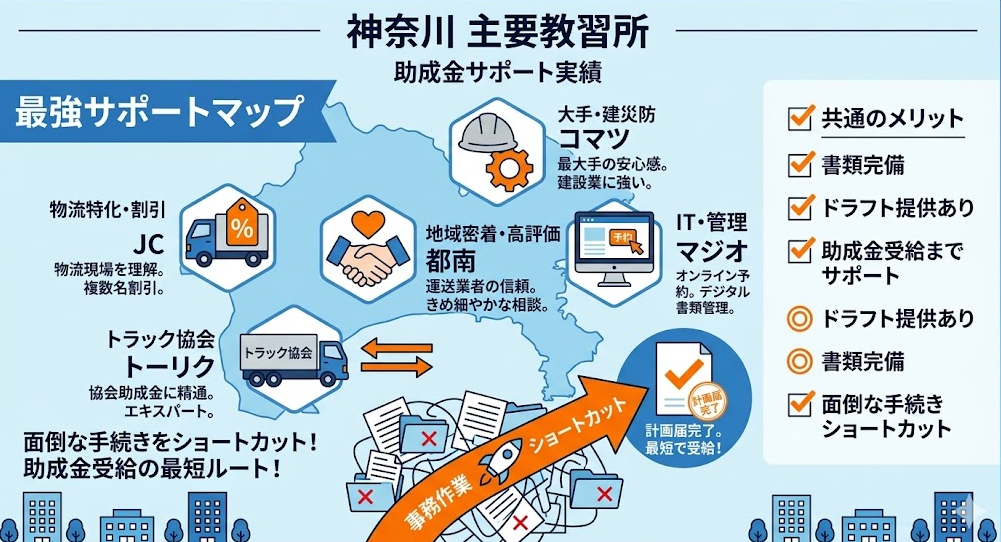 法人向けのフォークリフト助成金ガイドとして、神奈川県内の助成金対応教習所一覧｜大手・地域密着校の対応状況を理解して成功したフォークリフト利用企業