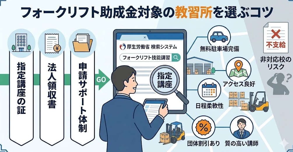 法人向けのフォークリフト助成金ガイドとして、技能講習のフォークリフト助成金対象の教習所選び、助成金対応と給付金対応の両立でコスト最小化を理解して成功したフォークリフト利用企業