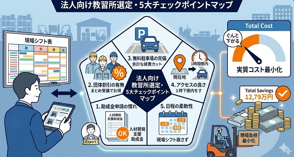 法人向けのフォークリフト助成金ガイドとして、教習所選びで法人が重視すべき5つのポイント｜助成金対応・団体割引・駐車場・アクセス・日程柔軟性を理解して成功したフォークリフト利用企業