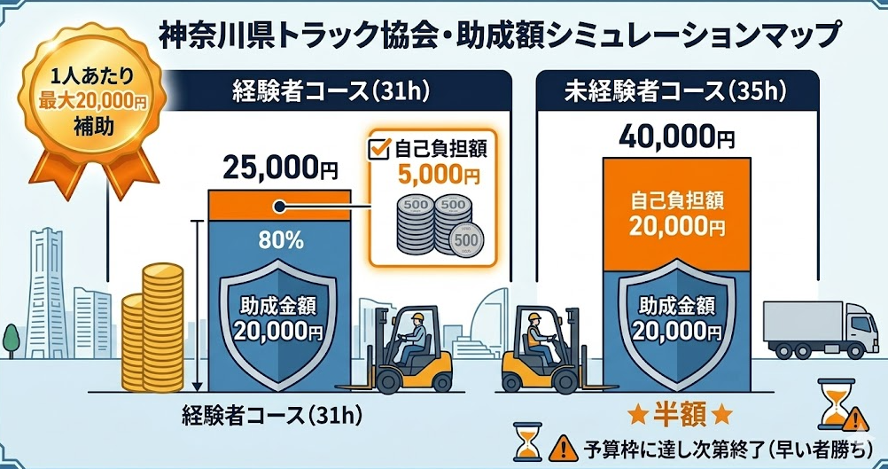法人向けのフォークリフト助成金ガイドとして、補助金額の詳細、1人あたり最大2万円（フォークリフト免許の場合）を理解して成功したフォークリフト利用企業
