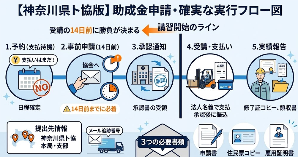 法人向けのフォークリフト助成金ガイドとして、申請手順：講習「前」の事前申請が必須・申請書類と提出先を理解して成功したフォークリフト利用企業