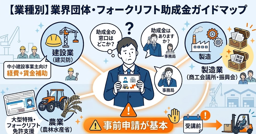 法人向けのフォークリフト助成金ガイドとして、神奈川県トラック協会以外の業界団体助成金｜建設業・製造業・農業の助成金情報を理解して成功したフォークリフト利用企業
