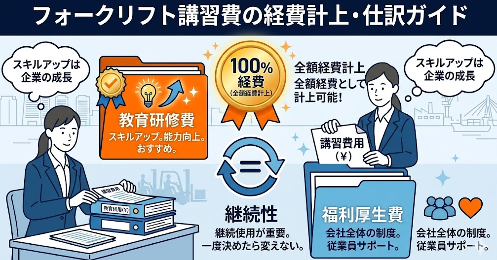 法人向けのフォークリフト助成金ガイドとして、講習費用の経費計上｜「研修費」または「福利厚生費」で計上を理解して成功したフォークリフト利用企業