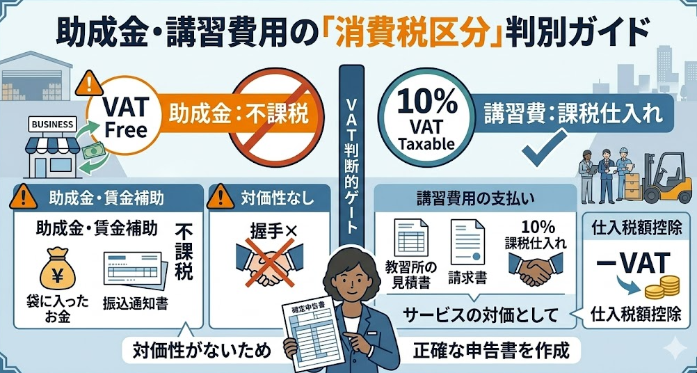 法人向けのフォークリフト助成金ガイドとして、消費税の取り扱い｜フォークリフト助成金は消費税対象外・講習費用は課税仕入れを理解して成功したフォークリフト利用企業