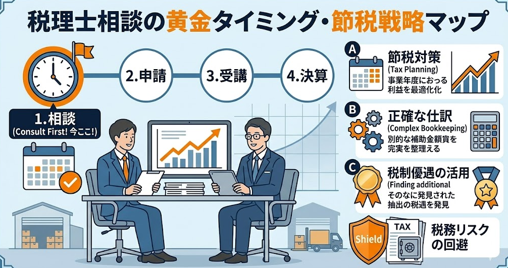 法人向けのフォークリフト助成金ガイドとして、税理士に相談すべきタイミング｜助成金申請前の相談が推奨を理解して成功したフォークリフト利用企業