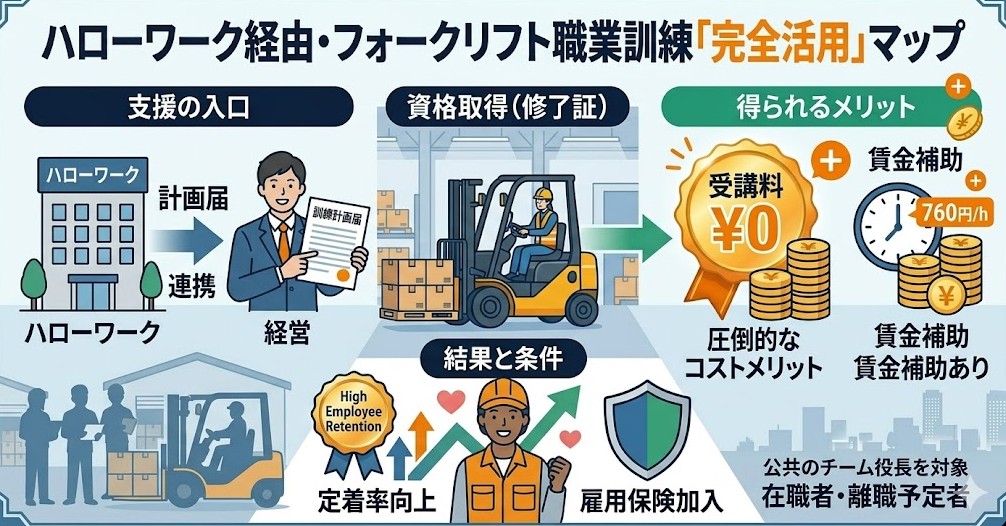 法人向けのフォークリフト助成金ガイドとして、法人が実施すべき職業訓練 フォークリフト｜ハローワーク経由で従業員の資格取得を完全サポートを理解して成功したフォークリフト利用企業