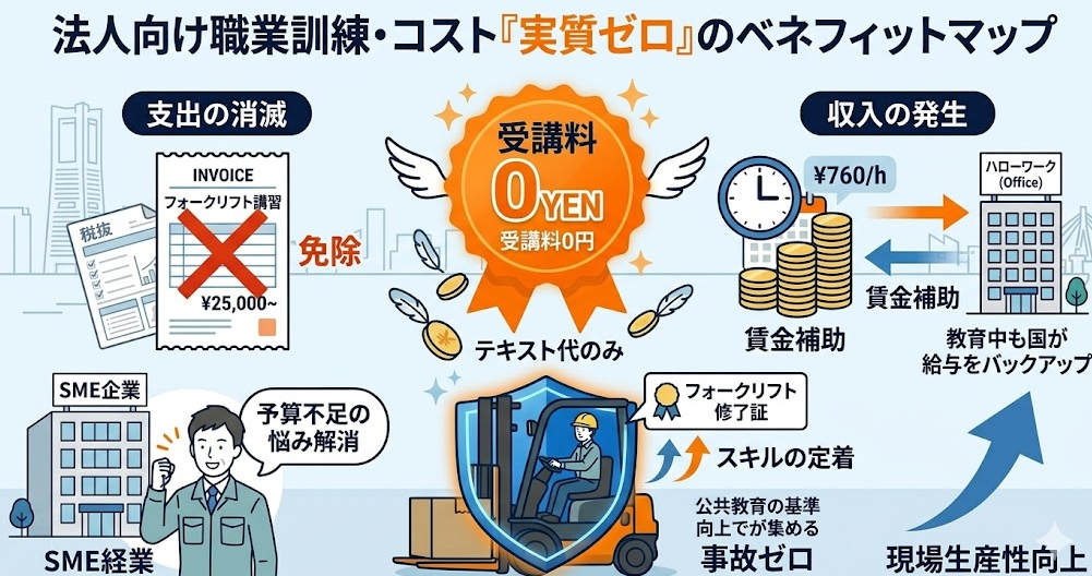 法人向けのフォークリフト助成金ガイドとして、法人が職業訓練を実施するメリット｜受講料0円＋人材開発支援助成金の賃金補助を理解して成功したフォークリフト利用企業