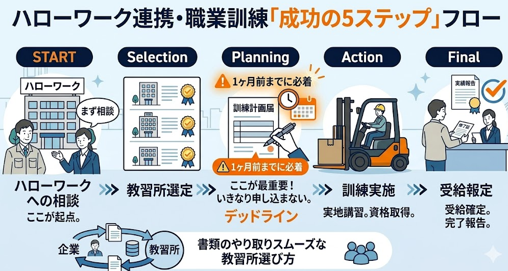 法人向けのフォークリフト助成金ガイドとして、法人が職業訓練を実施する手順｜ハローワークへの訓練計画届と訓練機関との連携を理解して成功したフォークリフト利用企業