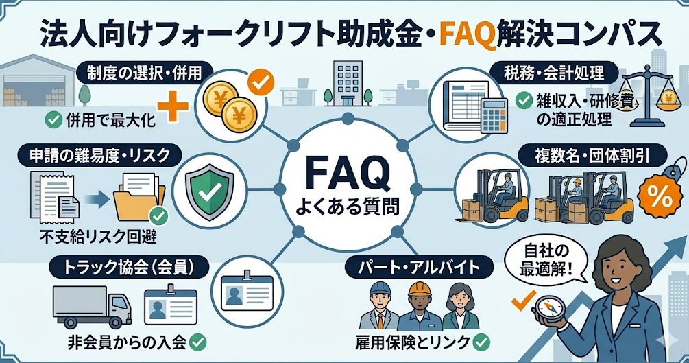 法人向けのフォークリフト助成金ガイドとして、法人向けのフォークリフト助成金や従業員の資格取得支援に関するよくある質問（FAQ）を理解して成功したフォークリフト利用企業
