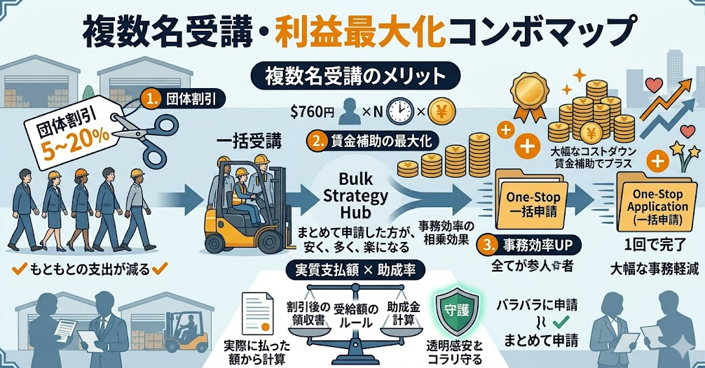 法人向けのフォークリフト助成金ガイドとして、複数名受講に関する質問｜「何名まで申請できる？」「団体割引は併用できる？」を理解して成功したフォークリフト利用企業