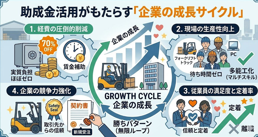 法人向けのフォークリフト助成金ガイドとして、助成金活用がもたらす「企業の成長サイクル」を理解して成功したフォークリフト利用企業