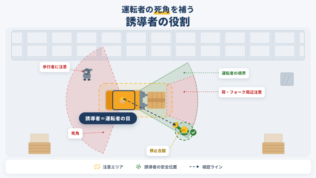 フォークリフト運転者の視界と死角、誘導者の安全な立ち位置、歩行者や荷物への注意点を示した図解。