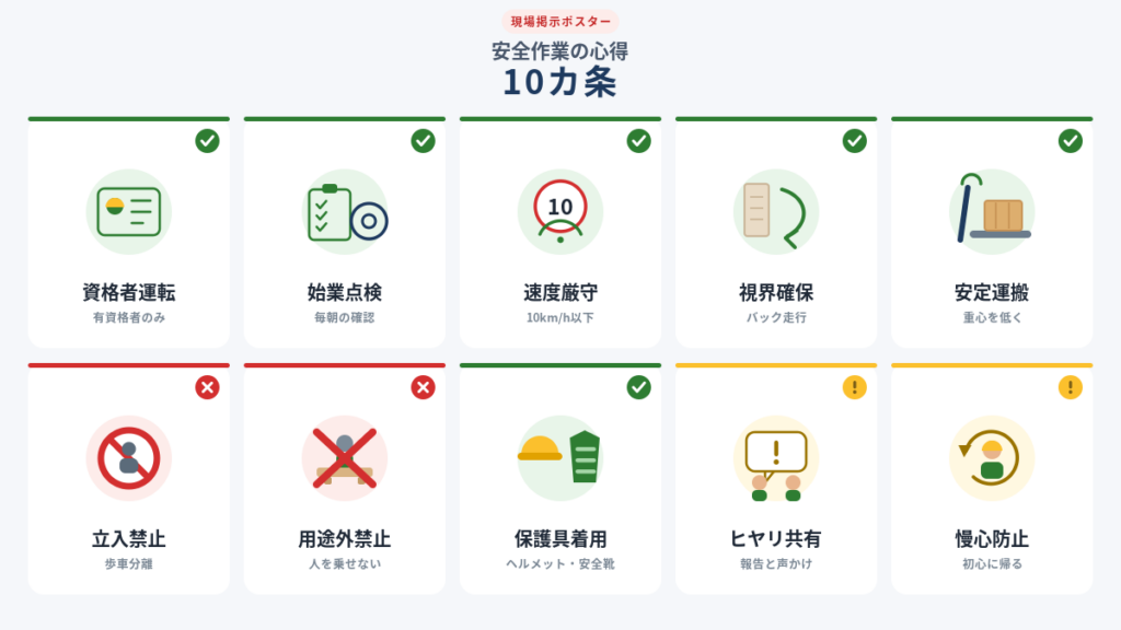 フォークリフト安全作業の心得10カ条として、資格者運転、始業点検、速度厳守、視界確保、安定運搬、立入禁止、用途外禁止、保護具着用、ヒヤリ共有、慢心防止をアイコンで示した図解。