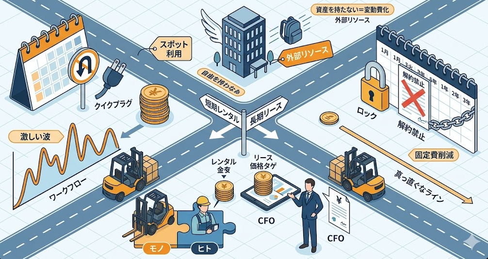 フォークリフトレンタル料金表における、注意点①契約形態の選択｜長期はリース、短期ならレンタルと賢く使い分けることを理解して成功したフォークリフト利用企業