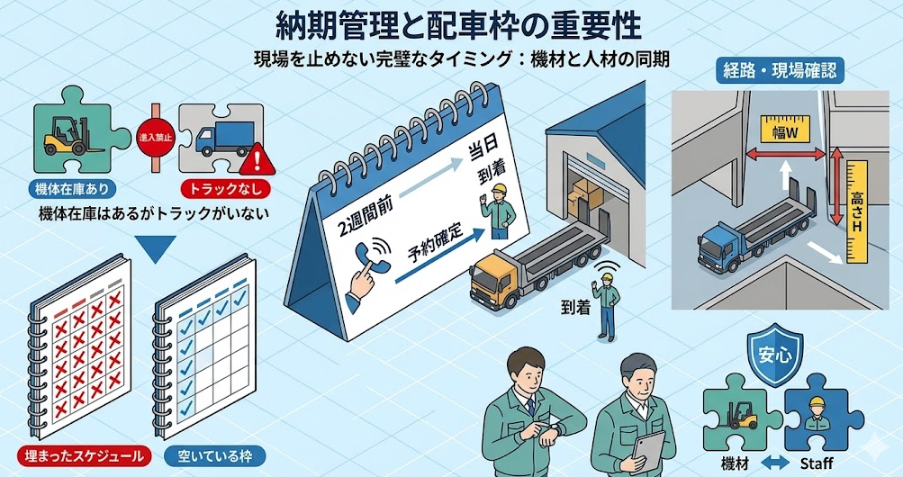 フォークリフトレンタル料金表における、注意点③配送の納期管理｜配車枠確保のため2週間前には予約の相談を入れることを理解して成功したフォークリフト利用企業