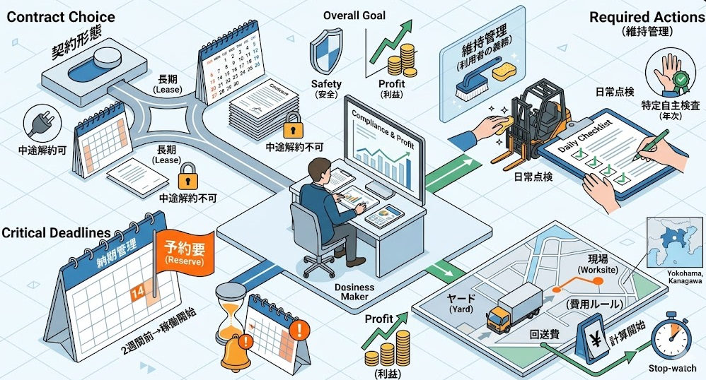 フォークリフトレンタル料金表における、フォークリフトレンタルを決める前の4大ポイント！契約から管理までを理解して成功したフォークリフト利用企業