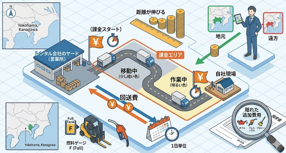 フォークリフトレンタル料金表における、注意点④費用算定ルール｜ヤード出荷時からの日数計算や回送費を必ず確認するであることを理解して成功したフォークリフト利用企業