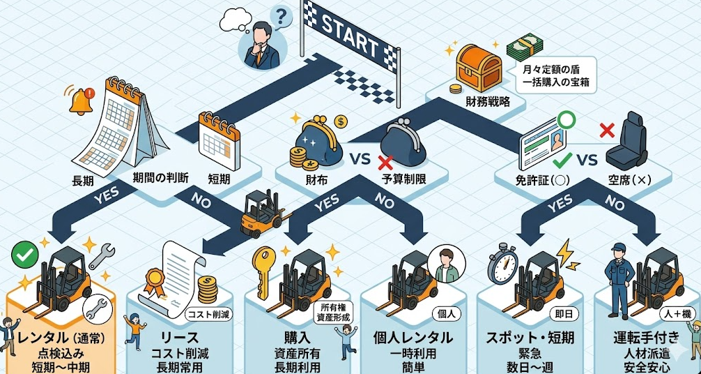 フォークリフトレンタル料金表における、1分診断フローチャート｜フォークリフトレンタル料金表とあわせてフォークリフト導入も検討したい場合に最適な利用方法を整理することを理解して成功したフォークリフト利用企業