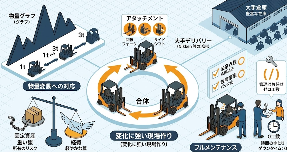フォークリフトレンタル料金表における、診断結果①レンタルがおすすめな人の特徴・フォークリフトの上手い導入方法であることを理解して成功したフォークリフト利用企業