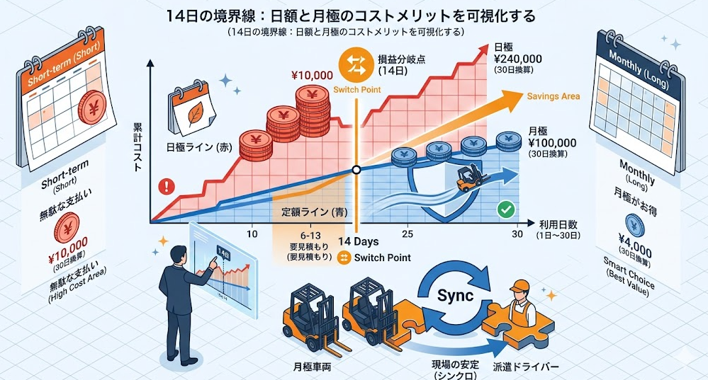 フォークリフトレンタル料金表における、フォークリフトレンタル1日と1ヶ月はどちらがお得？境界ラインの目安を理解して成功したフォークリフト利用企業