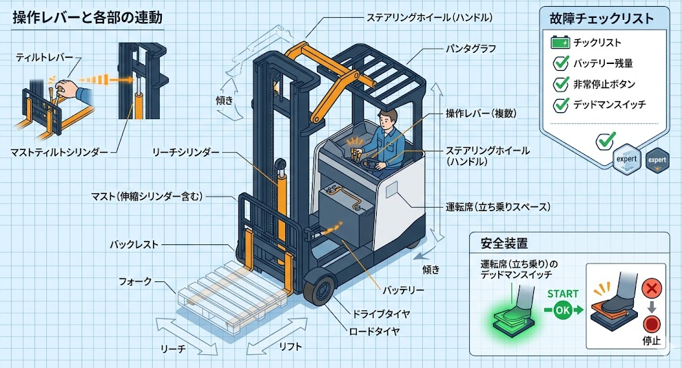リーチフォークリフトの運転方法に関する「リーチフォークリフトの主要パーツ名称：荷役部・マスト・リーチ機構・操作部を解説」を把握して成功した人