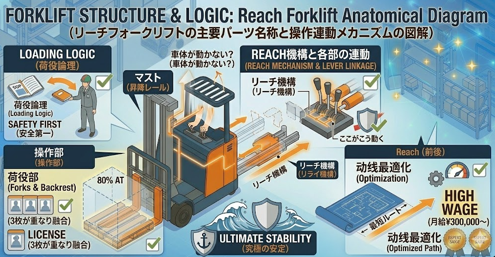リーチフォークリフトの運転方法に関する「リーチフォークリフト各部名称と役割は？操作レバーを正しく扱い運転方法を習得するための基本構造をチェック！」を把握して成功した人