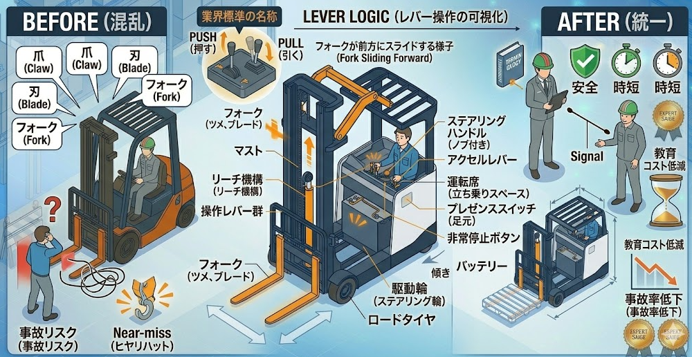 リーチフォークリフトの運転方法に関する「現場での混乱を防ぐリーチフォークリフトの名称統一のコツは？教育担当者が知っておくべき用語集」を把握して成功した人