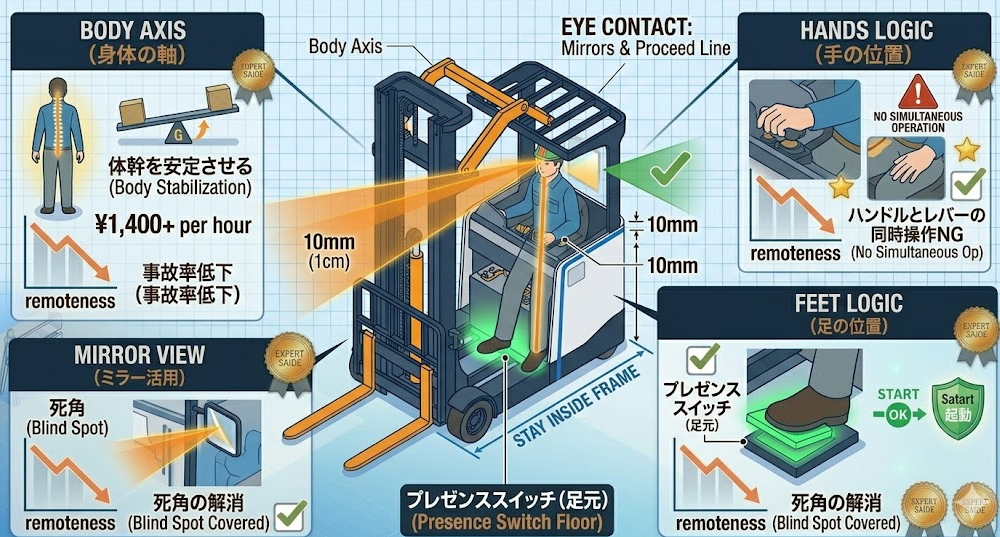 リーチフォークリフトの運転方法に関する「リーチフォークリフト運転姿勢の基本は視線・手・足・ミラー調整！」を把握して成功した人