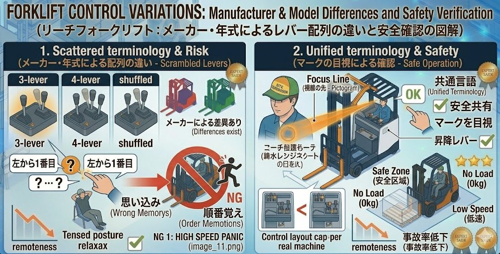 リーチフォークリフトの運転方法に関する「注意点：レバー配列はメーカー・年式で違う（自社車両基準で覚える）」を把握して成功した人