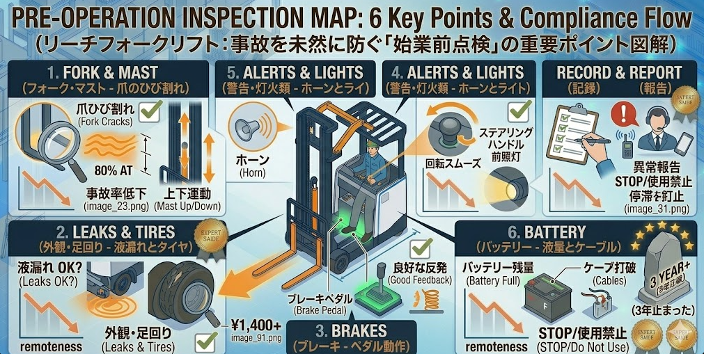 リーチフォークリフトの運転方法に関する「始業前点検（毎日のチェックポイントと記録の残し方）」を把握して成功した人