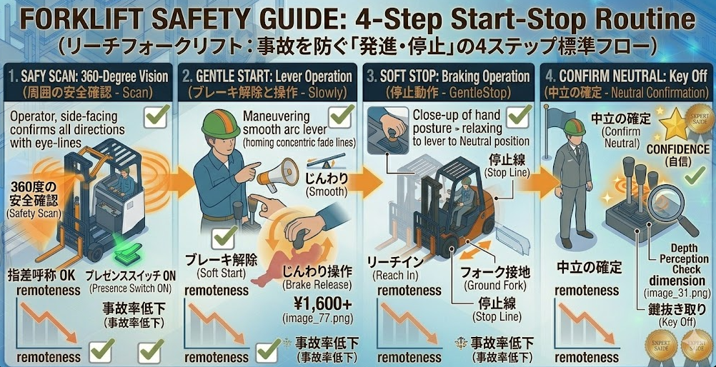 リーチフォークリフトの運転方法に関する「発進・停止の基本手順（安全確認→操作→停止→中立）」を把握して成功した人