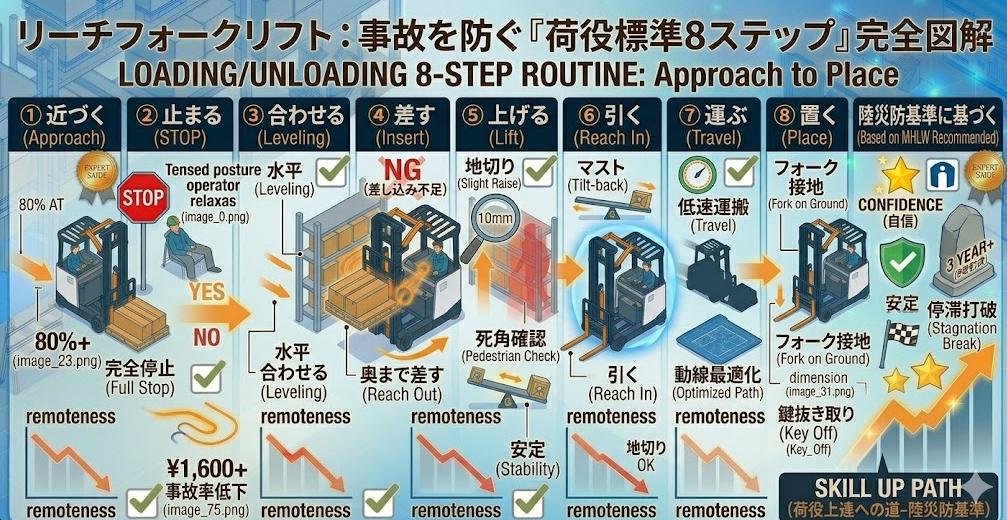 リーチフォークリフトの運転方法に関する「荷役作業手順の全体フロー（近づく→止まる→合わせる→差す→上げる→引く→運ぶ→置く）」を把握して成功した人