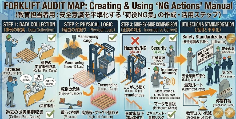 リーチフォークリフトの運転方法に関する「教育担当向け：荷役を標準化する「NG集」の作り方」を把握して成功した人