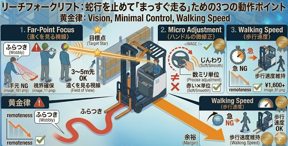 リーチフォークリフトの運転方法に関する「原因（視線固定／操作が大きい／速度が速い）と対策のセット」を把握して成功した人