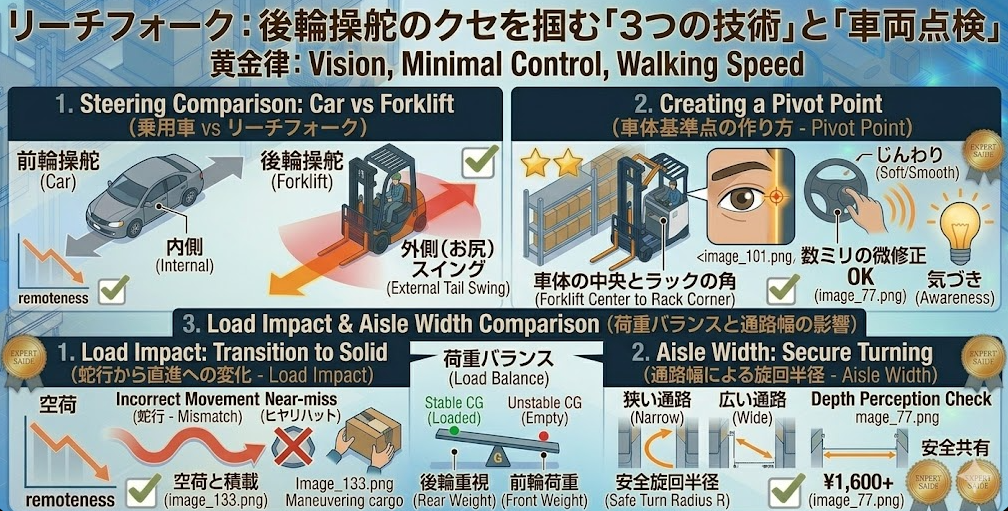 リーチフォークリフトの運転方法に関する「車両側の可能性も切り分ける（タイヤ・操舵・ブレーキ引きずり）」を把握して成功した人