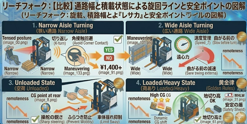リーチフォークリフトの運転方法に関する「曲がるタイミングの目安（基準点の作り方、内輪差・接触の防止）」を把握して成功した人