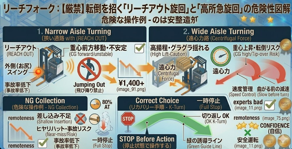 リーチフォークリフトの運転方法に関する「急旋回・リーチアウト走行を避ける（転倒・荷崩れの注意点）」を把握して成功した人