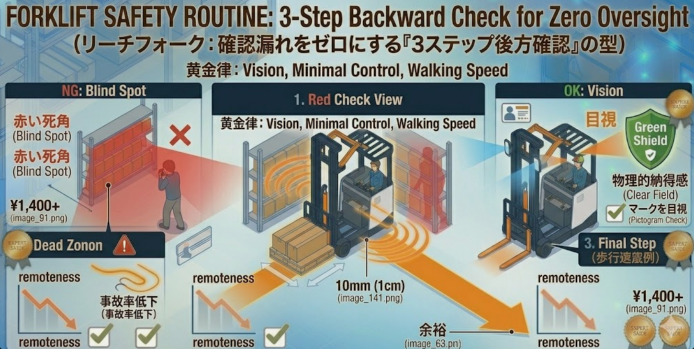 リーチフォークリフトの運転方法に関する「後方確認の型（ミラー＋目視＋指差呼称を「手順化」する）」を把握して成功した人