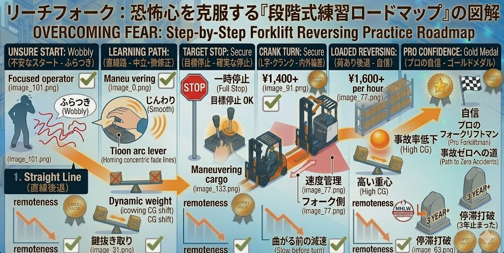 リーチフォークリフトの運転方法に関する「バック走行が怖い人のための段階式練習メニュー」を把握して成功した人