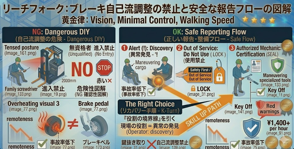 リーチフォークリフトの運転方法に関する「注意点：ブレーキは安全装置。自己流調整で悪化させない」を把握して成功した人