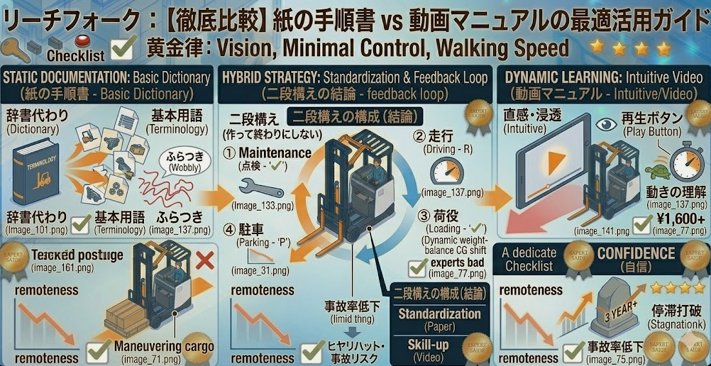 リーチフォークリフトの運転方法に関する「比較：紙の手順書 vs 動画マニュアル（教育効率・更新性・浸透度）」を把握して成功した人