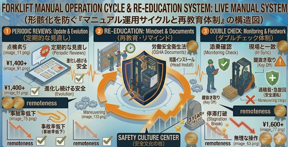 リーチフォークリフトの運転方法に関する「注意点：マニュアルは「作って終わり」ではなく、現場で回す仕組みが必要」を把握して成功した人