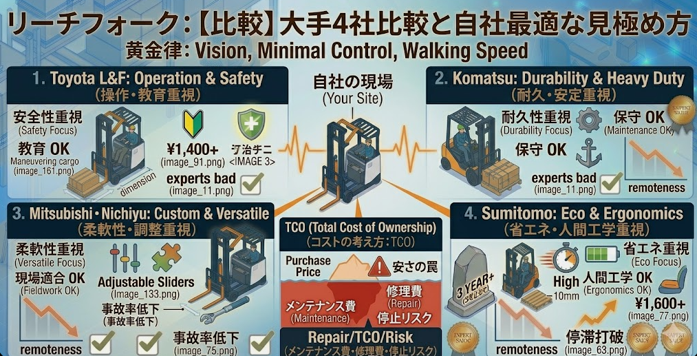 リーチフォークリフトの運転方法に関する「自社に最適な一台はどれ？大手4社（トヨタ・コマツ・三菱・住友）リーチフォークリフトの特徴と違い」を把握して成功した人