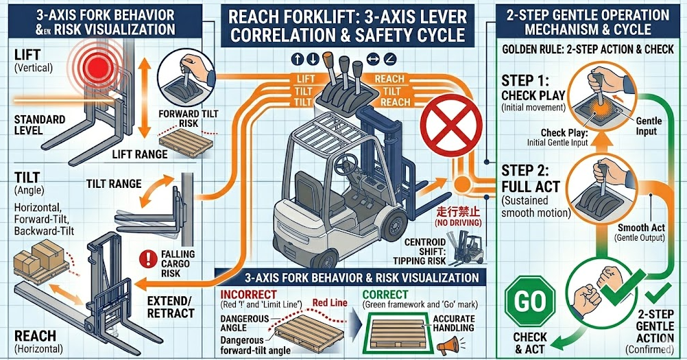 フォークリフトの荷役作業手順における「操作レバーで動くもの（昇降／チルト／リーチ）と荷役品質への影響」を把握して成功したフォークマン